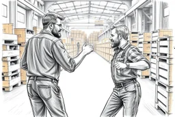 workers dancing in a industry factory with lot of wooden crates , a drawing with sketch lead pencil, no beards and light hair