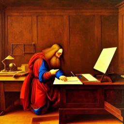 leonardo da vinci works on laptop at his desk. painting in photoshop. hyperdetailed, warm colors, movie poster, oil on canvas, lens flare