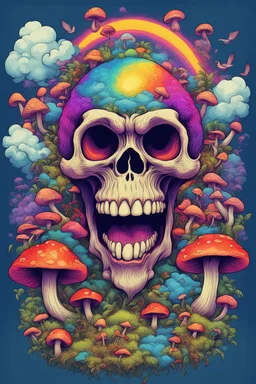 Psychedelic monkey skull looking high and grinning, surrounded by clouds and overgrown with psychedelic mushrooms. Birds flying around the skull. Digital drawing. Colorful. t-shirt design. Cartoon. Digital cartoon. Mid detailed. Super happy. Cheerful. Light hearted. Colorful. Vibrant colours.