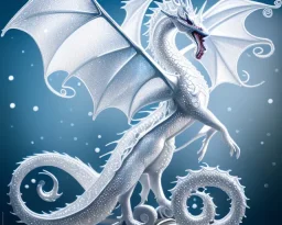 mdjrny-v4 style, a white dragon with fairy-like transparent glowing and sparkly wings standing in snow, full body, silver and teal background, glowing soft and smooth wings, realistic, highly detailed intricately detailed, shiny snowy background, soft studio lighting, trending on artstation, by artist "Julie Bell", by artist "Greg Rutkowski"