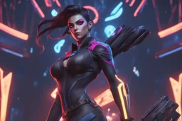 Widowmaker in 8k arcane artstyle, spider them, neon effect, close picture, full body, apocalypse, intricate details, highly detailed, high details, detailed portrait, masterpiece,ultra detailed, ultra quality