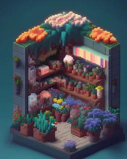 prototype of isometric diorama, 8-bit, overflowing flower shop, particle effects, 2.2 gama, sony a7r7, Tamron 10-24mm f/3.5-4.5, ISO 3200, extremely detailed, 8k texture, lots of flowers and vibrant plants