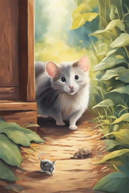 a mouse at the forefront, outside, she wants to go back in her hole, a cat is blocking the way