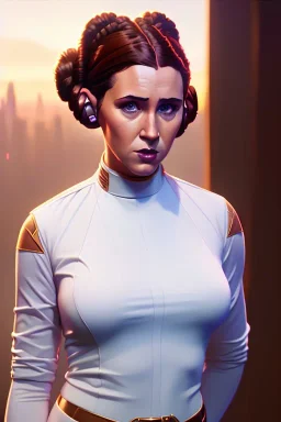 hyper realist, hyper detailed, stunningly beautiful Princess Leia, athletic realistic body, by greg rutkowski, magali villeneuve, artgerm, wlop, rossdraws, concept art, digital painting