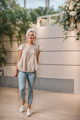 full body of very beautiful girl wearing pants and blouse ,white gray hair ,standing idle happy pose in studio pretty makeup