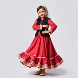 full body 7years old girl ,simple background, full body of very pretty little girl in azeri dance wearing A underdress or shirt, often made of silk,A fitted, often velvet or brocade, jacket worn over the shirt.Wide, bell-shaped skirts are worn, often long and layered to create beautiful movements while dancing, with a long lace scarf at back of her head ,with pretty shoes,in T pose looking at camera.