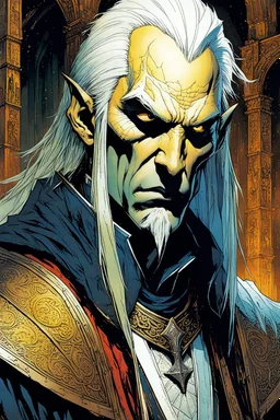 create a portrait of Elric of Melnibone, studying an arcane manuscript in a ruined Medieval scriptorium , in the graphic novel style of Bill Sienkiewicz and Jean Giraud Moebius, highly detailed facial features, grainy, gritty textures, foreboding, otherworldly and ethereal