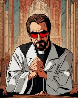 hans gruber as an angry priest wearing red sunglasses