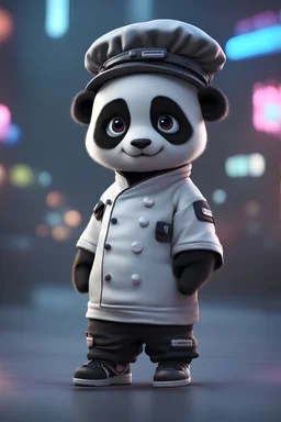 cartoon cute panda with white and sneakers, Cyberpunk realism style, front view, wearing a chef costume, zbrush, Arys Chien and light black, lit children, 32k uhd, street fashion, round,8k,HD
