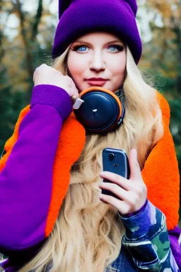 blonde taking selfie.thick thighs,thick calves,flat belly,curvy fell. big head. Mantle is sewed of upcycled Denim and sewed together of camouflage pieces. Pieces' color are orange, cream and purple. It is with big bright purple felt tippet and birght-colored-hood is merged with colorful beanie. Big colored headphones (gold rings!) is merged with small felt cap with small visor. Style: Haute Couture in 1950's Brazil, N.Y.C fashion in 2023