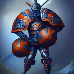 a fierce warrior in full navy blue and orange battle armor, with an S shaped shield, holding a basketball, a highly detailed illustration, background of Inka jungle, realistic render, 8 k, micro detail, intricate, elegant, centered, digital painting, Artstation, smooth, sharp focus, illustration, artgerm, tomasz alen kopera, peter mohrbacher, donato giancola, joseph christian leyendecker, wlop, boris vallejo