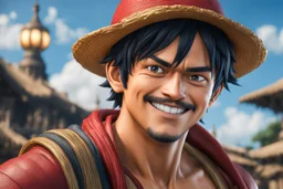 Luffy in 8k live action artstyle, dynamic pose, big smile, intricate details, highly detailed, high details, detailed portrait, masterpiece,ultra detailed, ultra quality