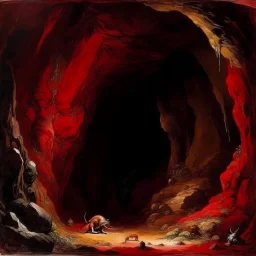 A dark red cavern near a Karoo designed in Bayeux tapestry painted by Gustave Courbet