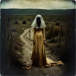 Photorealistic polaroid nothingness and distressing anguish old wooden figure wasteland night Max Ernst Hieronymus Bosch, Gustav Klimt, shot on Hasselblad, movie shot, details of the dress accentuated, nightmare, hypermaximalist, obsessive, hypnotic