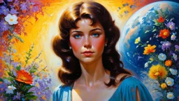 beautiful girl ,mugshot, Planet of the Vulcans, multicolored, large, floral designs, atmospheric, beautiful, oil painting by Frank Frazetta, 4k UHD, Photorealistic, professional quality