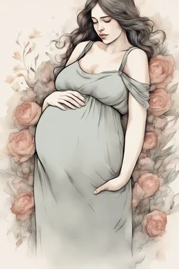 A digital painting, strong textures, dynamic ink lines, washed ink, nuanced colors, vignette, illustration of a pregnant woman lovingly looking at her belly while caressing it, wearing a flowy dress, flowers, whimsical, enchanting illustration