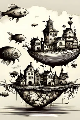 Surreal ink illustration of a small village on the back of a flying fish, steam punk style, minimalistic, surreal