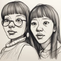 a drawing of two women's sketched on paper, in the style of quirky expressions, rusticcore, chiaroscuro sketches, yosuke ueno, rough clusters, close up, comical caricatures
