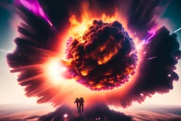 Create a huge explosion seen from space of a humanoid android exploding