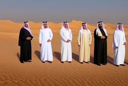 Four Arab sheikhs sitting in the desert wearing typical Arab dress, looking towards the four cardinal points. A talll fat european man in business suit wathhing them while thinking.