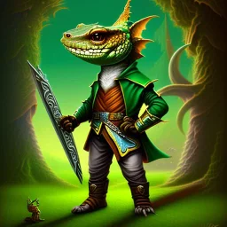 spray painting fantasy art from middle earth, portrait cute bard gecko with dark green pants standing in portal to desert world from forest world with wind,poetry book illustration