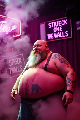 An "Mischief man" performing at dance club, his name is "TIM" fat, bald with beard and looks crazy, Paint on stage, Neon lights and smog, "STRECK ON THE WALLS" SIGN ON WALL