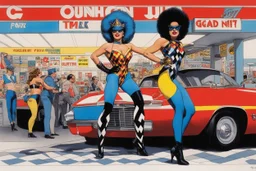 one woman in bright colorful and checkered (high res photo by Ralph Steadman in the 70ties) super heroine in leotard (chevron, lycra, nylon, spandex, tights) stops a massive violent thief at a gas stations, she is the queen of jujustu