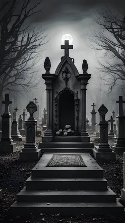 A scary altar in the middle of a dark cemetery, gray tones