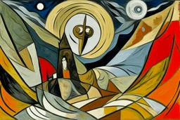 A brown X shaped prison on a planet painted by Pablo Picasso