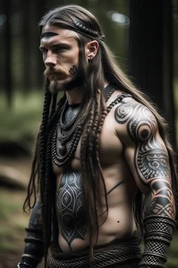 long haired warrior with tribal tattoos