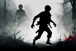 Profile Picture: Silhouette of a survivor character in a dynamic pose like running or crouching. Small Dead by Daylight logo subtly placed in a corner or at the bottom. Dark color palette of black, gray, and red for an ominous atmosphere. Subtle fog or mist effect around the silhouette for added spookiness and depth.