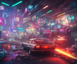 scrap yard , neon lights, cyberpunk art, 8k , extremely detailed, high resolution, dark, burning,