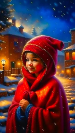 Painting of a cute girl in a red hat and shawl, snowfall in the background, bright night, by Thomas Kinkade