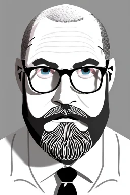 black and white,real estate agent,bald male withe beard,55 years old,glasses,, necktie,portly,detailed drawing,white background