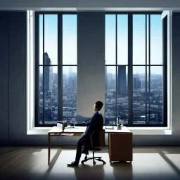 man sitting at his desk wearing a suit in an office, beautiful view of the city from his window, dramatic, dramatic lighting, volumetric lighting, hyperrealism, 8k, high quality, photorealistic, lot of details