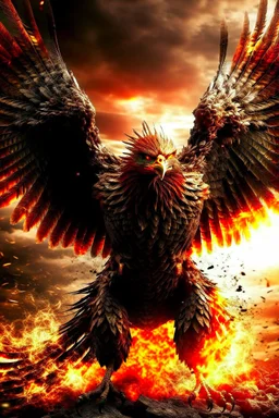 Create a ultra high definition and photorealistic image, 12k quality of a beautiful phoenix, majestic and strength showing, emphasis on texturized claws, upclose with a front view flying towards the camera, centre of an explosive and chaotic background scene of Armageddon where he is followed by demon like dark clouds in persuit trying to grab him, phoenix has striking eyes and determined look, majestic wings folded inwards in flight, bright auburn, black, white, grey and yellow colours, gothic