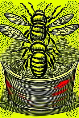 Vintage pop art style of bees on a pot of honey