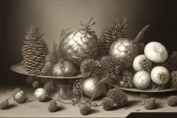 a realistic still life graphite drawing of pine cones in the classical style of Pieter Claesz, Jan Jansz. van de Velde and Anthonie Leemans