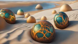 the coast of a desert seen from the top of a dune. small dragon eggs on the beach. fantasy, cinematic lighting, hyper realisme, Hyperrealistic, splash art, concept art, mid shot, intricately detailed, color depth, dramatic, 2/3 face angle, side light, colorful background