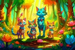 Cute chibi colourful Glass cat family on an excursion in the forest, may pole in style of Mariya Markina, digital painting; fantasy; very attractive; beautiful; high detail; cinematic postprocessing; acrylic art in sunshine