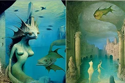 Mermaids in underwater city by "Leonora Carrington" and "Max Ernst" and "Michelangelo da Vinci!