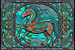 A stunning Horse's Lake saide and surrealistic hand-carved and mosaic artwork on wooden clay tiles, depicting an ethereal and fantastical subject. The intricate detailing and craftsmanship of the relief carving and mosaic work create a mesmerizing and visually captivating art piece. The technique combines the finesse of wood carving with the precision of mosaic art, resulting in a unique and awe-inspiring masterpiece.