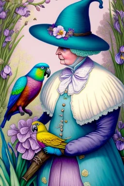 Friendly witch, playing with parrots, perfect iris, pastel colours, style Beatrix Potter