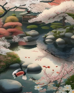 A peaceful Japanese garden with cherry blossoms and a tranquil pond with koi fish