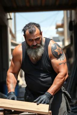 full figure shot, strong muscular chubby turkish carpenter in tank top, very hairy, 48 years old , sweat and wet, bull neck, tattoo, short beard, working in the middle of the street under the sun