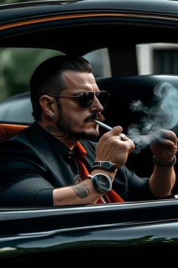 A strong balg man smoking a cigar in a Gtr