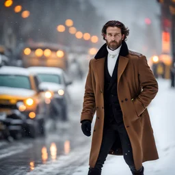 Modern Pan, Greek mythology, thin man with brown hair, a rainbow beard and sideburns, amber eyes, bronze skin, wearing black weather coat with white high neck, wearing a white knit jumper walking on snow, snow rain, blur background, studio portrait, Real soft and smooth, HDR real, DSLR result, extreme real