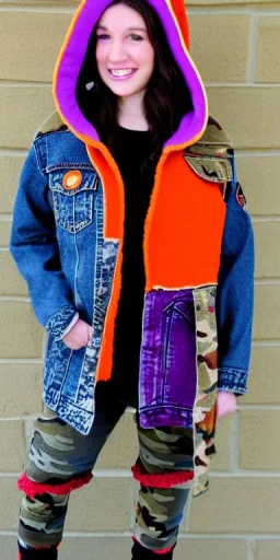 Brunette woman.thick thighs,thick calves,normal bodytype. big head. Mantle is sewed of upcycled Denim and sewed together of camouflage pieces. Colors are orange,red, cream and purple and various denim colors. It is with big bright purple felt tippet and cream-colored-hood. mantle is merged with satchel, ochre. AKG-style headphones (gold rings!) is merged with small felt cap with visor. Style: Haute Couture in 1950's, N.Y.C fashion in 2024, inspired by street art. Cream latex gaiter. Tennis shoes