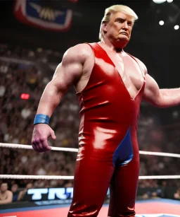 Photo realistic, Wrestler Donald trump, wrestling, American shot, sweat, blood, red breeches, suspenders, retro style, 80s, hot ambient, photo studio, vibrant color, gradient, highly detailed, art stations, concept art, smooth, unreal engine 5, god rays, ray tracing, RTX, lumen lighting, ultra detail, volumetric lighting, 3d, finely drawn, high definition, high resolution.