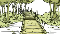 Cartoon style: far far away, at the end of the bridge, there is one tiny wooden house